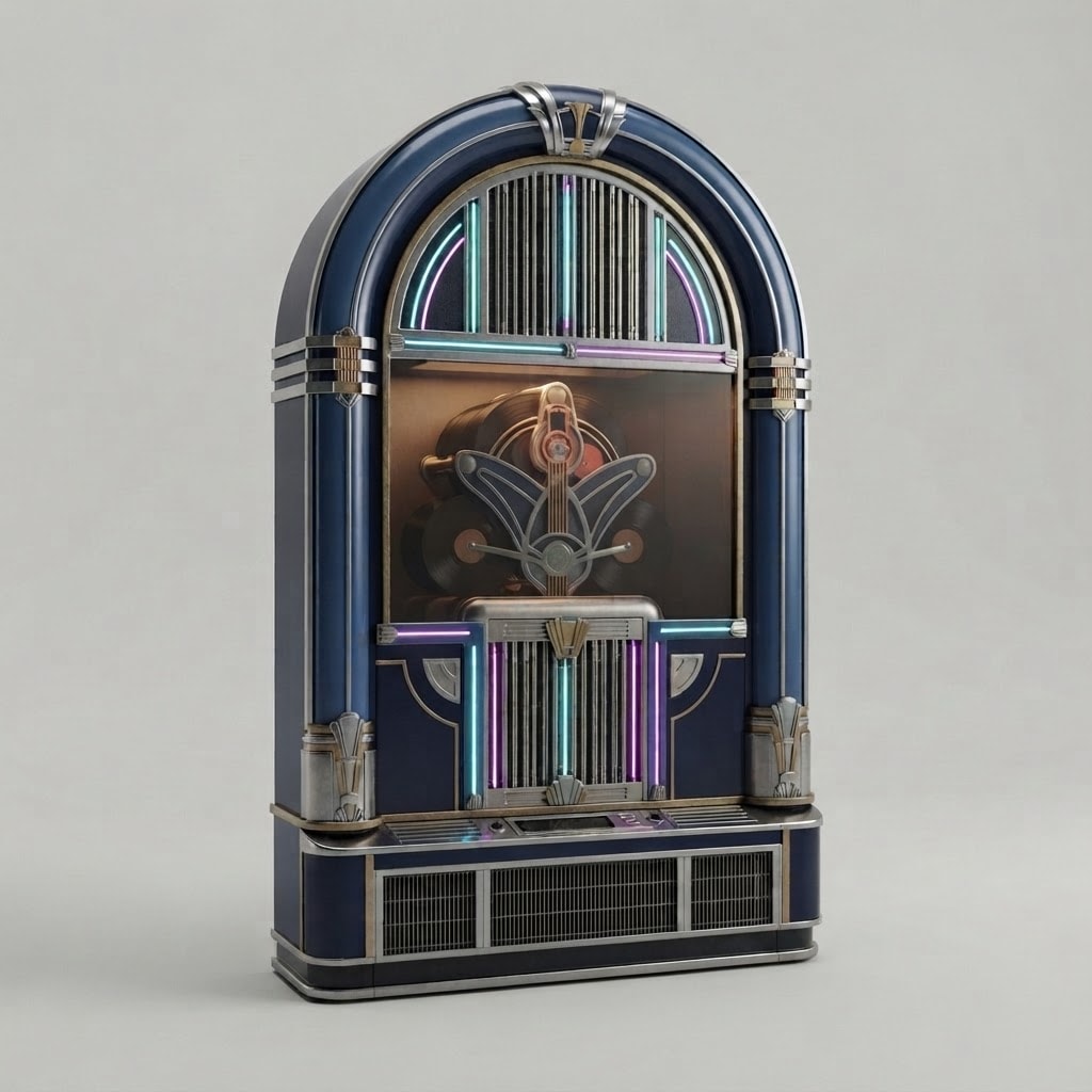A single monumental wall-mounted jukebox centerpiece for a premium sapphire music club, target size 4.4 meters wide by 4.5 meters high by 0.75 meters deep. Broa