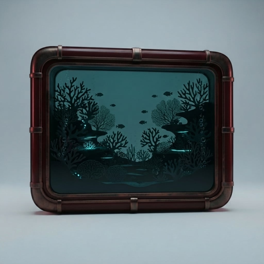 A single sealed panoramic reef display window for a premium underwater-inspired lounge, target size 4.4 meters wide by 4.2 meters high by 0.65 meters deep. Deep
