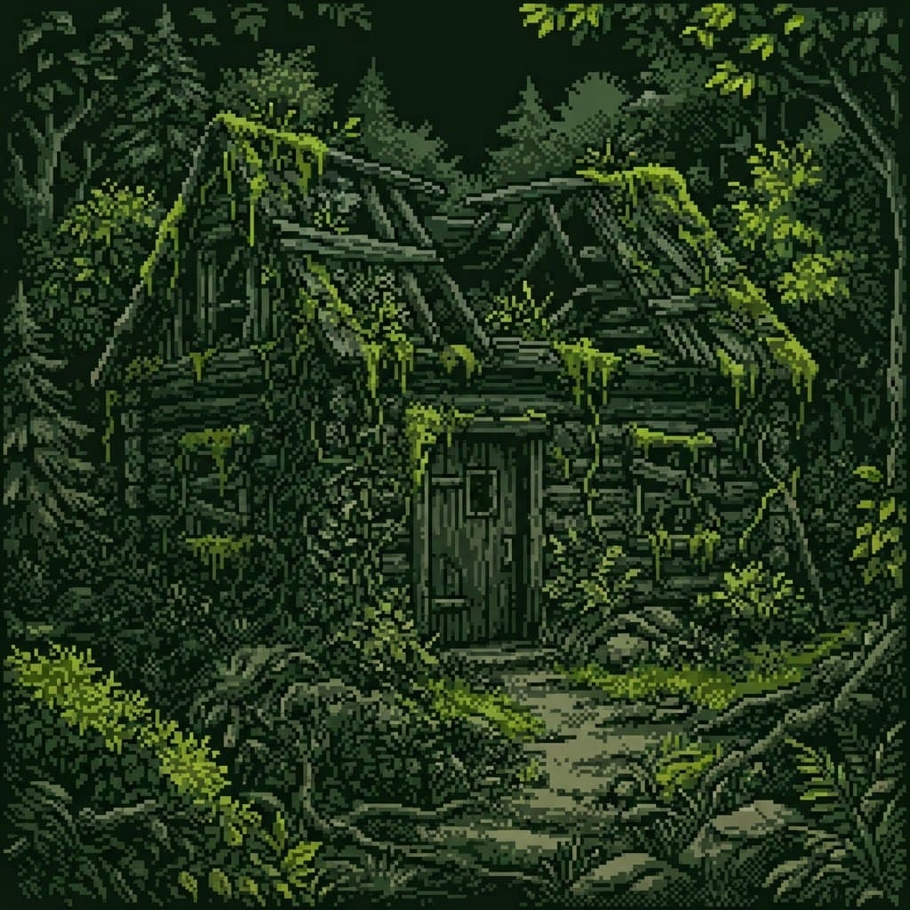 Image: Pixel art, abandoned log cabin overtaken by moss a