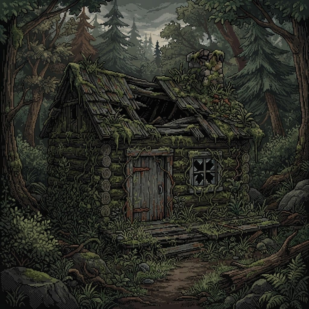 Image: Pixel art, abandoned log cabin overtaken by moss a