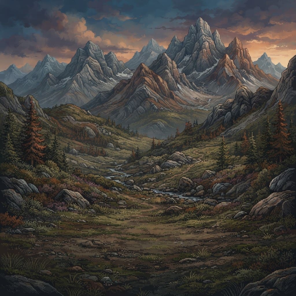 Image: Rocky mountain terrain, rugged grey peaks, sparse