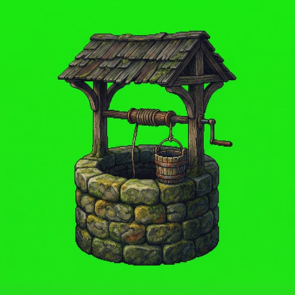 Image: Old stone well, weathered mossy stones, small wood