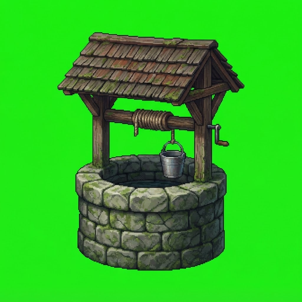 Image: Old stone well, weathered mossy stones, small wood