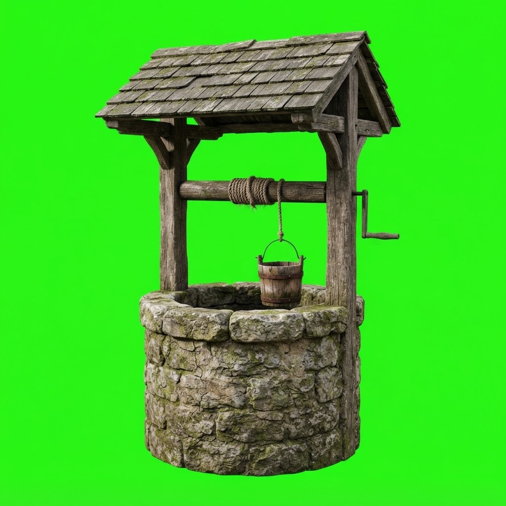 Image: Old stone well, weathered mossy stones, small wood