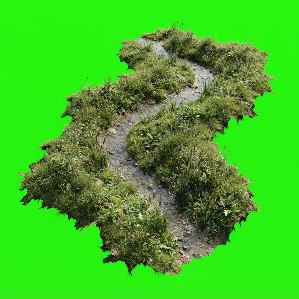Image: Irregular ground patch of a narrow stream winding