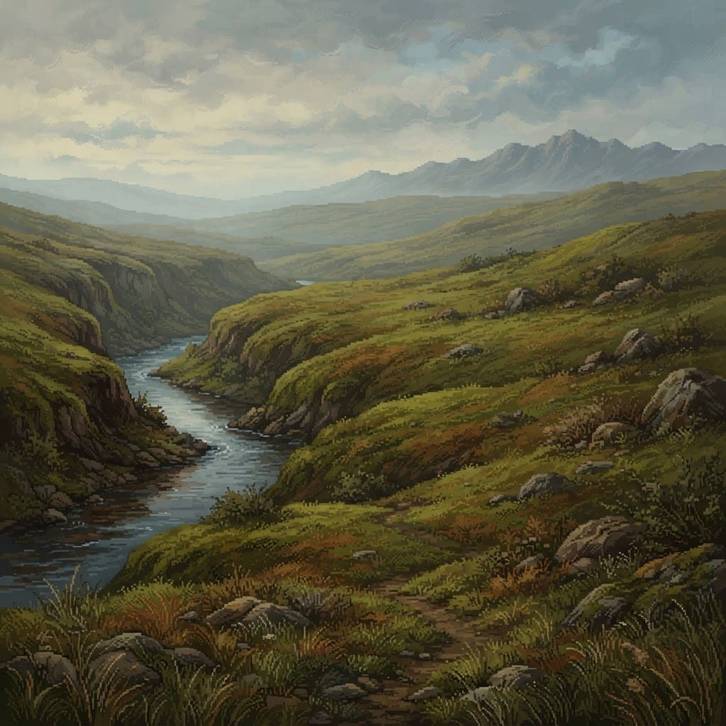 Image: Rolling hills terrain, grassy slopes, scattered ro