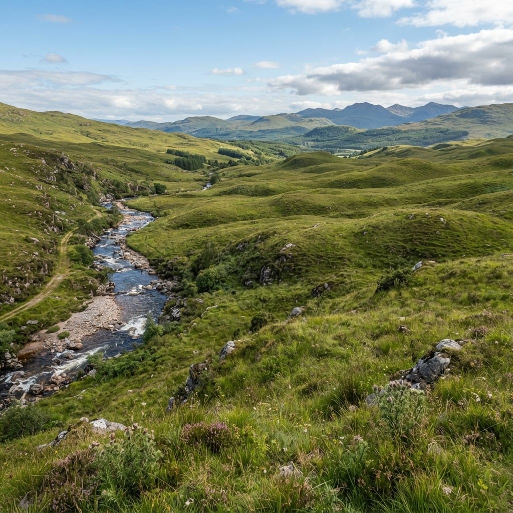 Image: Rolling hills terrain, grassy slopes, scattered ro
