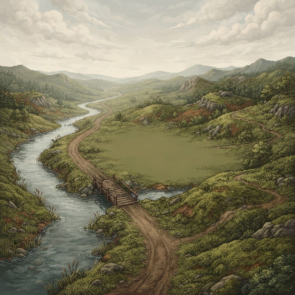 Image: Rolling hills terrain, grassy slopes, scattered ro
