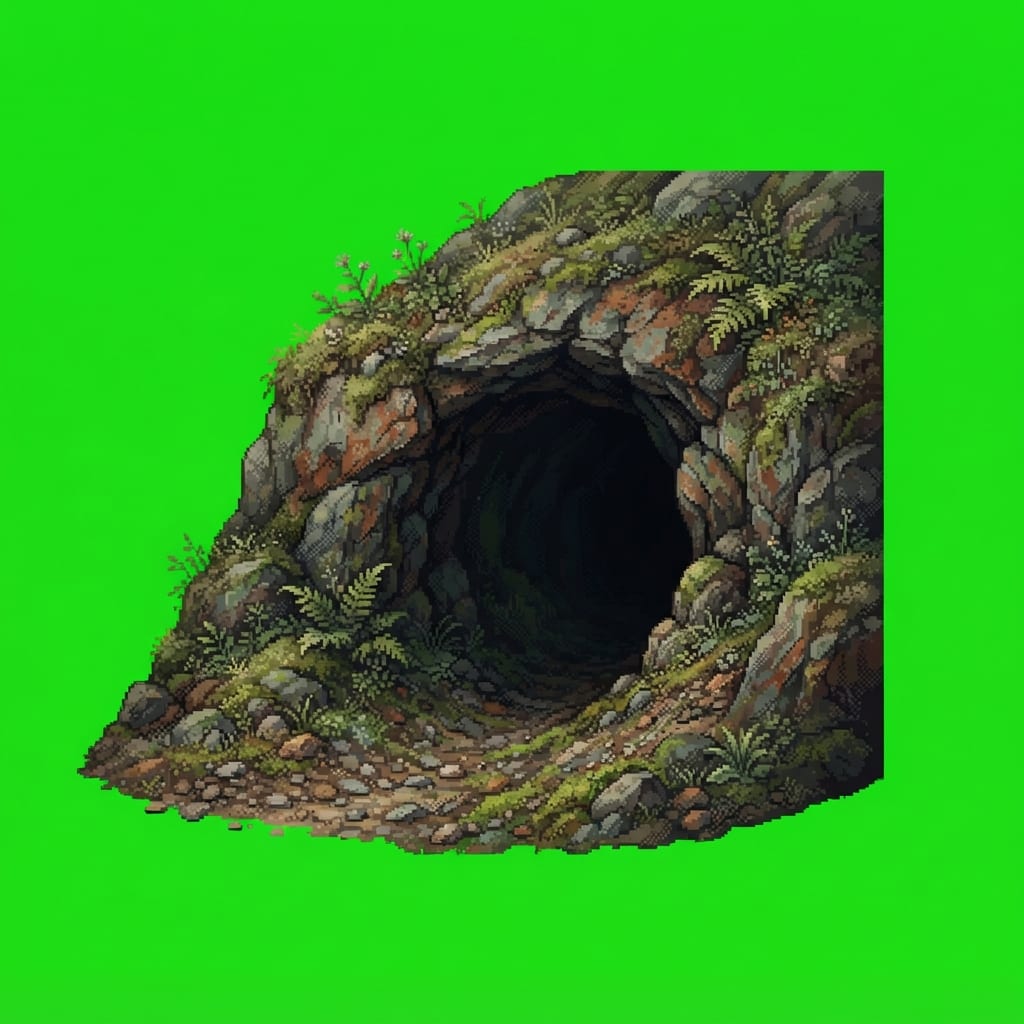 Image: Small rocky cave entrance set into a hillside, dar
