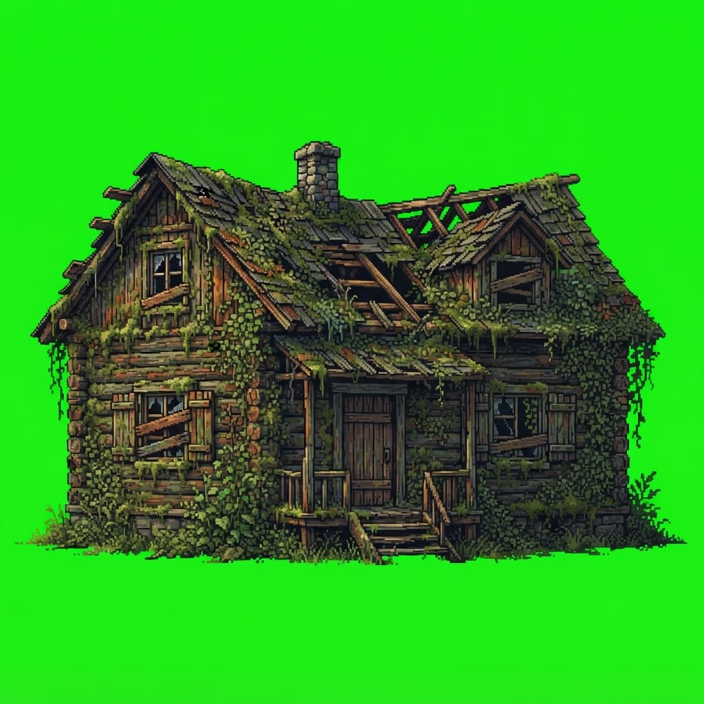 Image: Large abandoned wooden cabin, weathered logs, over
