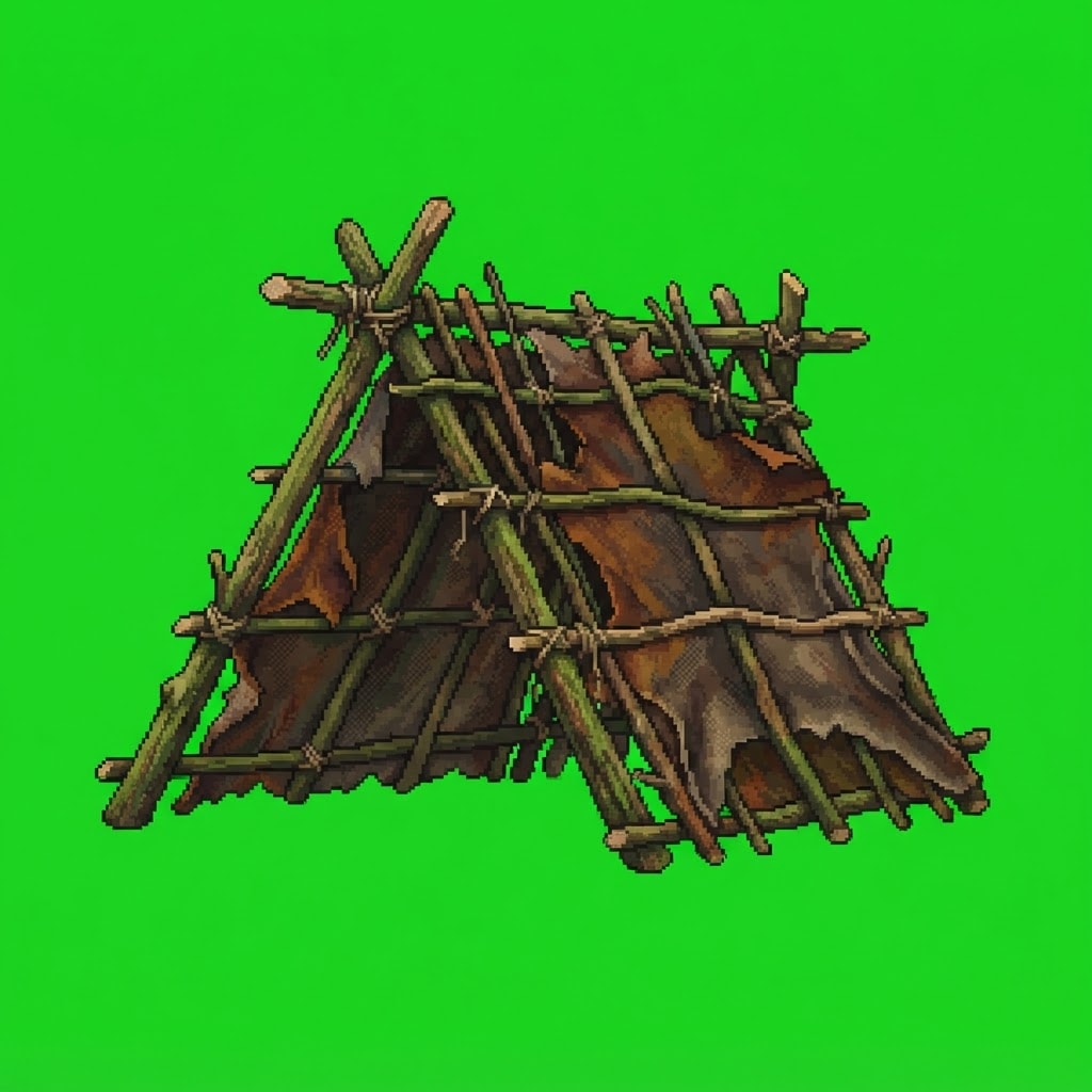 Image: A small crude survival lean-to shelter made of bra