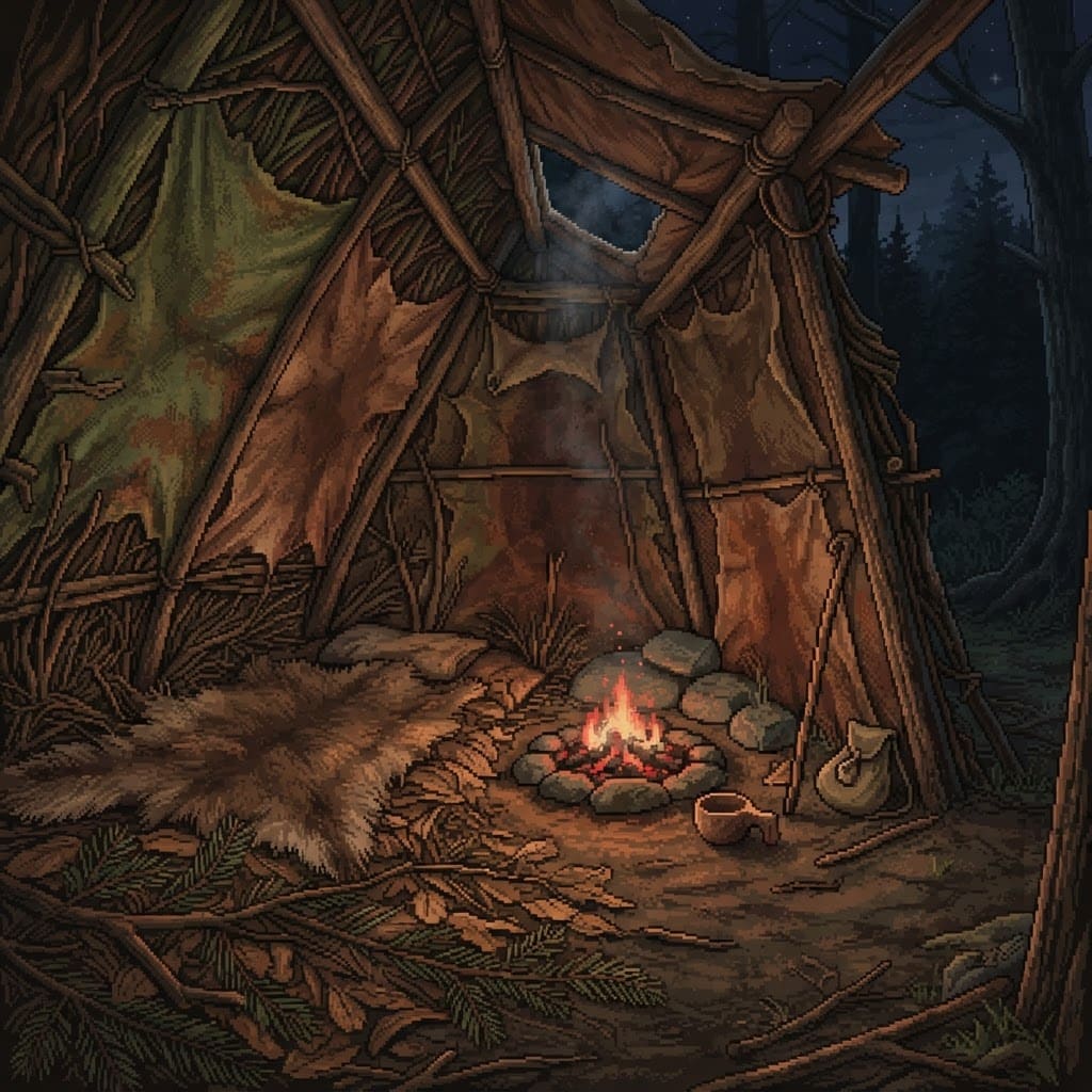Image: Inside a small crude survival lean-to shelter, bra