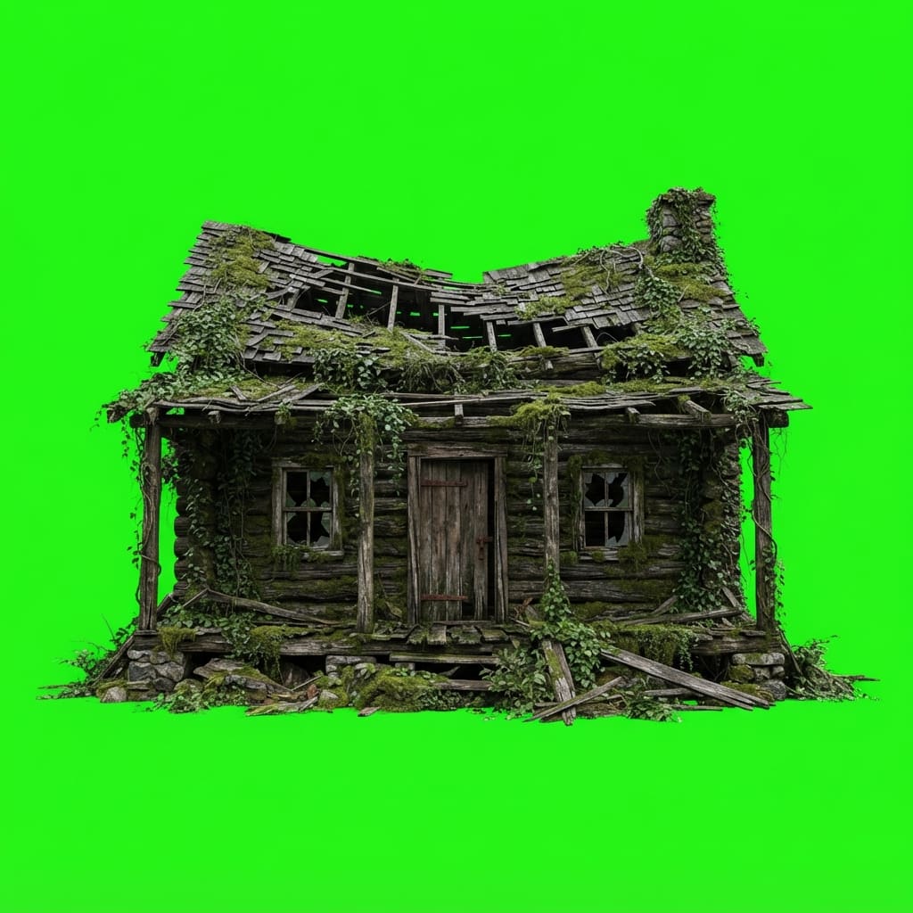 Image: Large abandoned wooden cabin, weathered logs, over