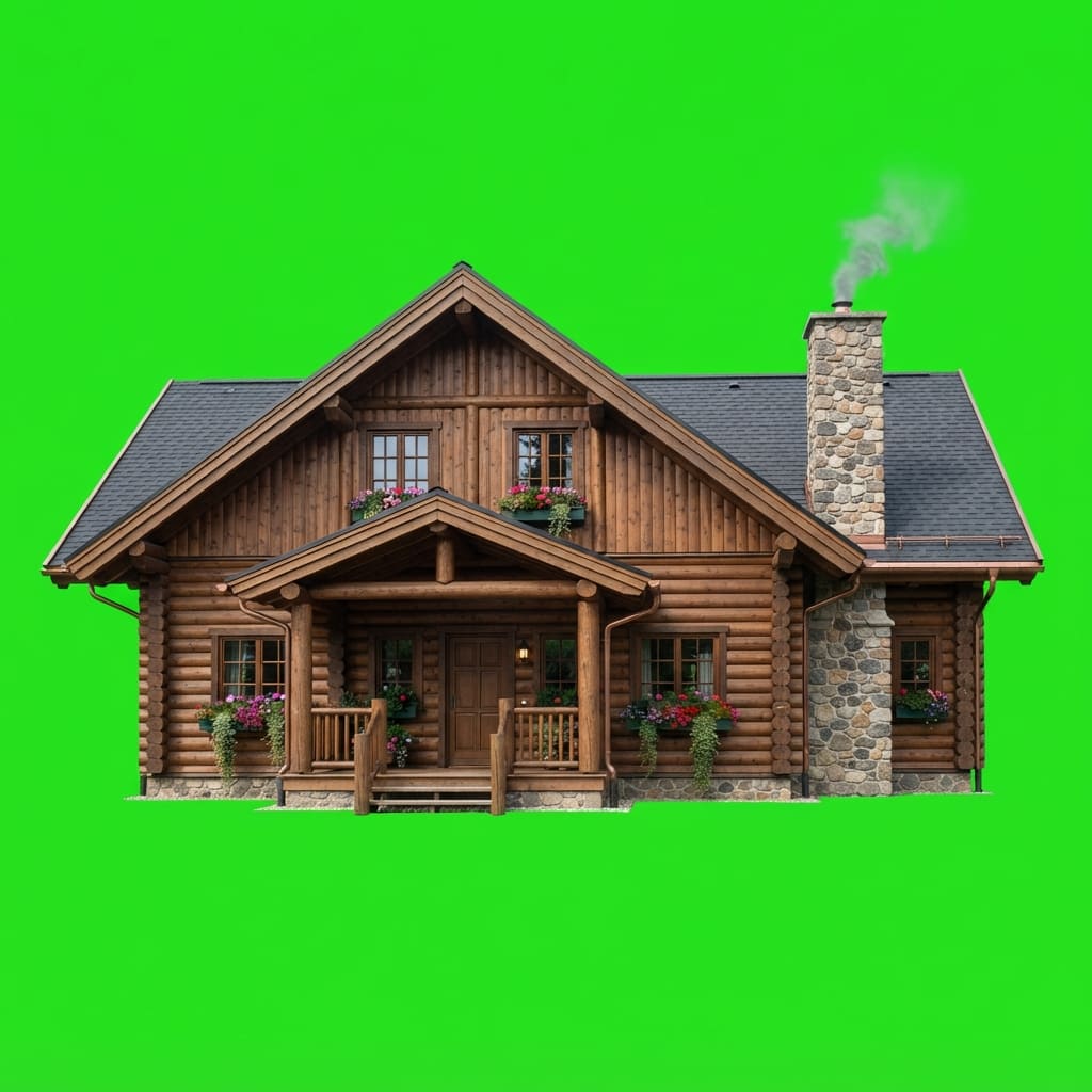 Image: A large, well-maintained log cabin, sturdy intact