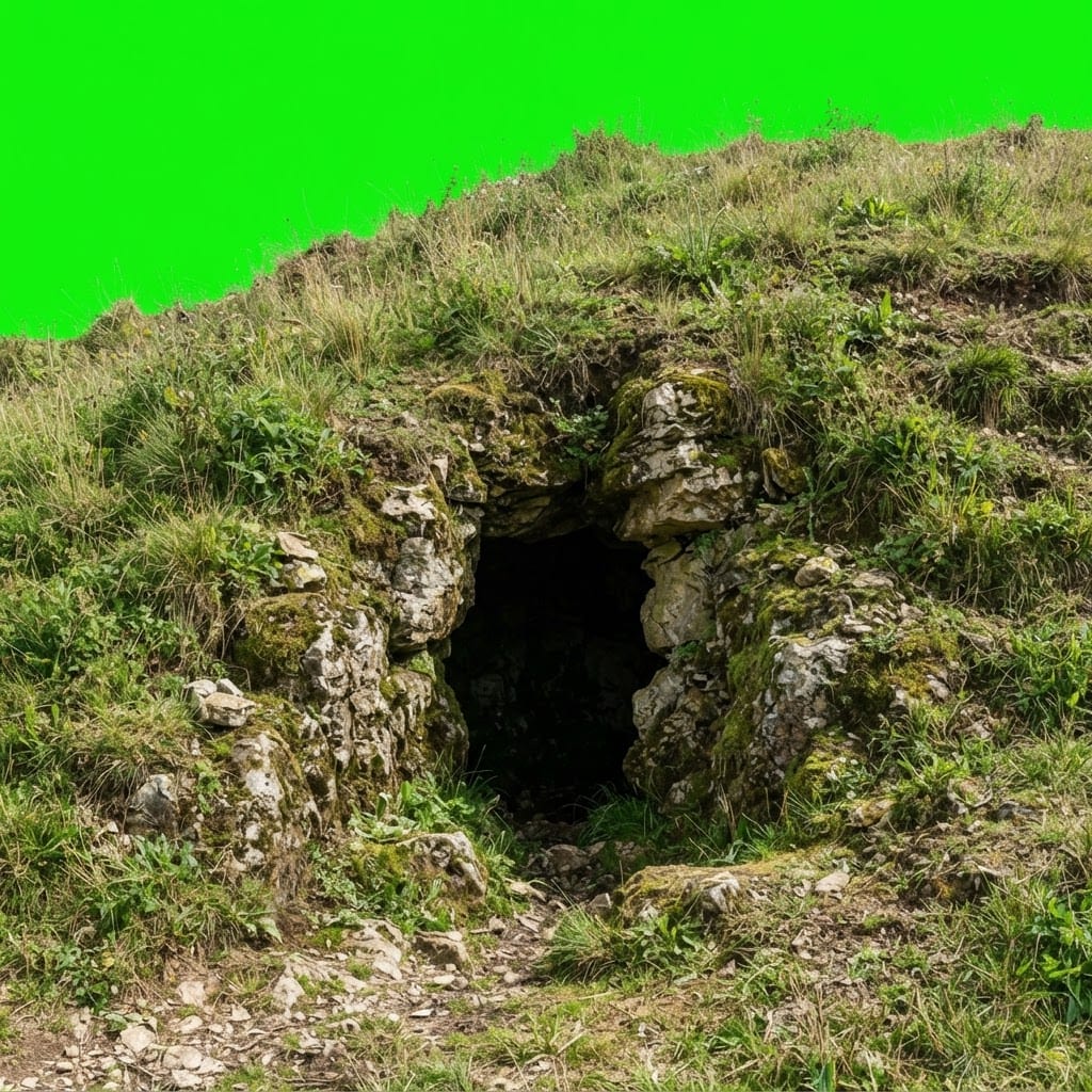 Image: Small rocky cave entrance set into a grassy hillsi