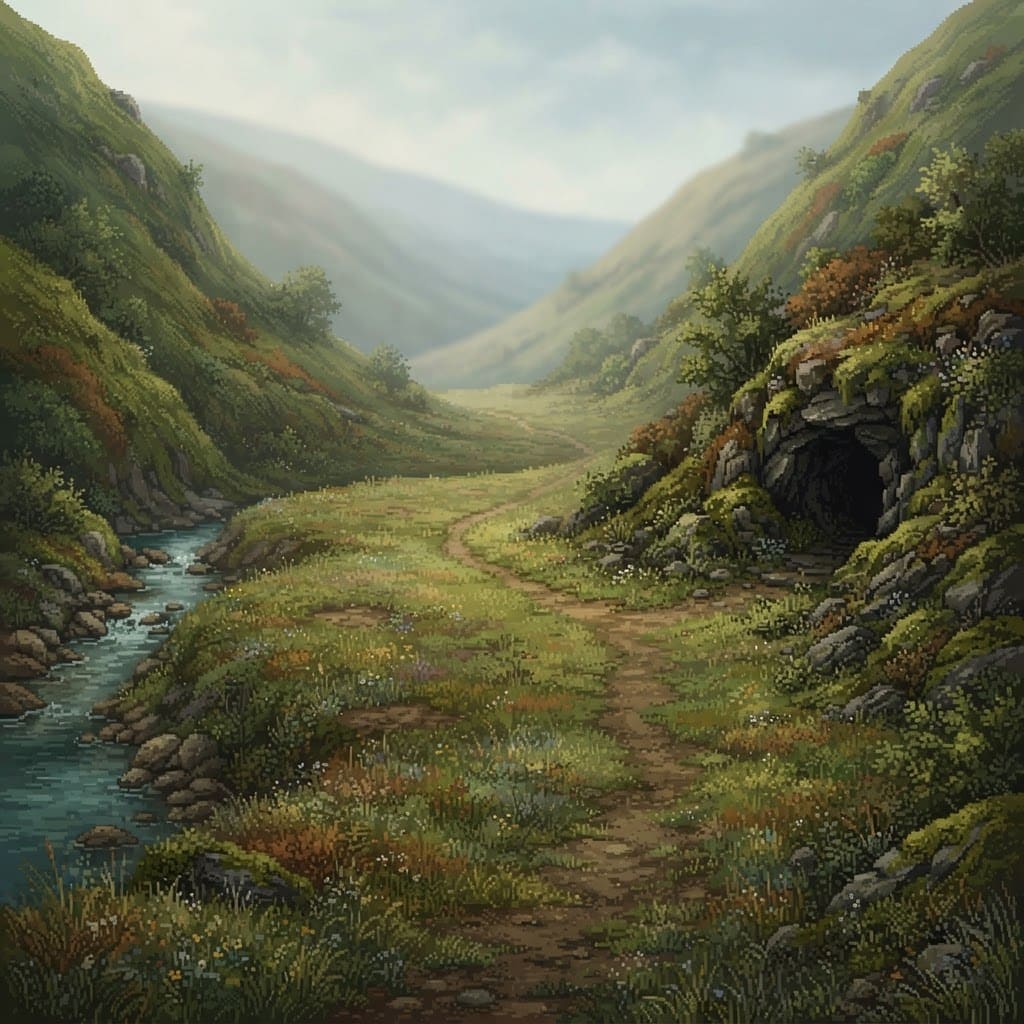 Image: A grassy hollow nestled between rolling hills, gra