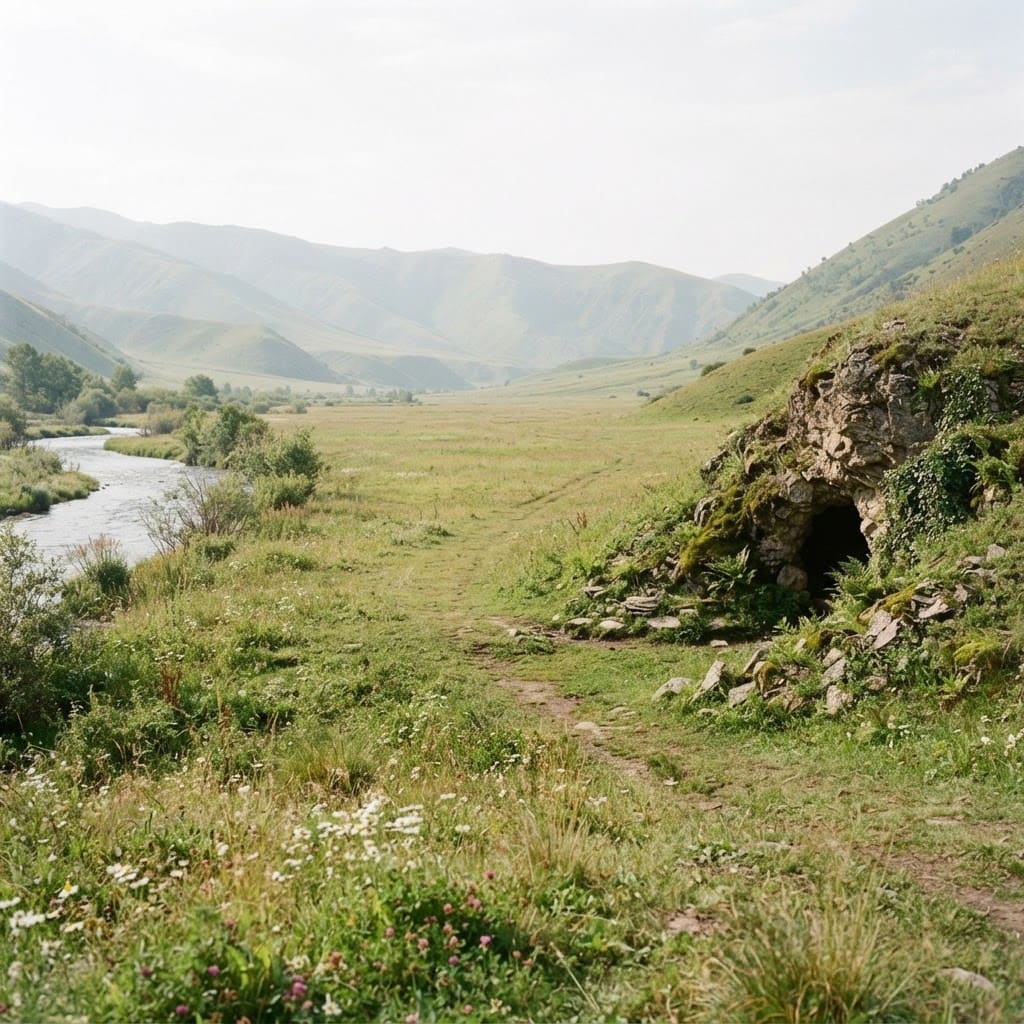 Image: Gentle grassy hillsides set well back on either si