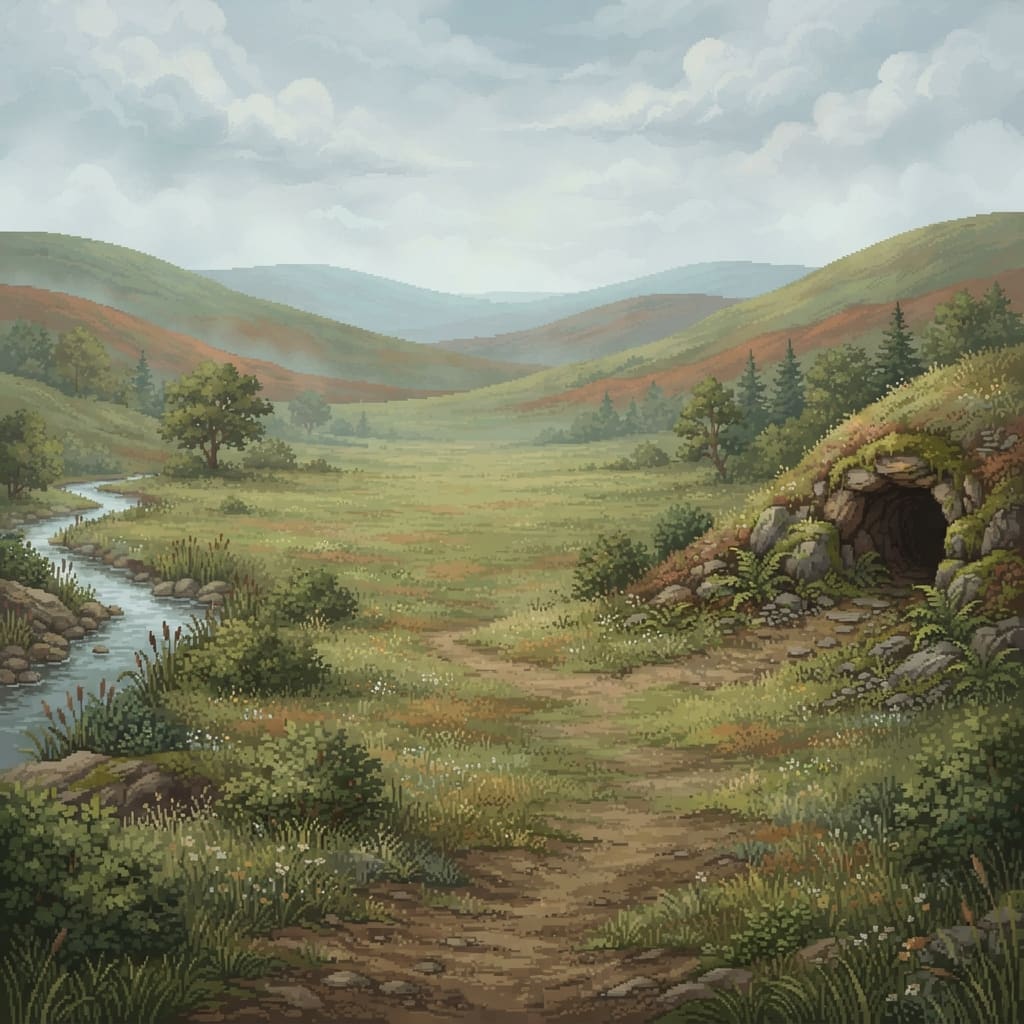 Image: Gentle grassy hillsides set well back on either si