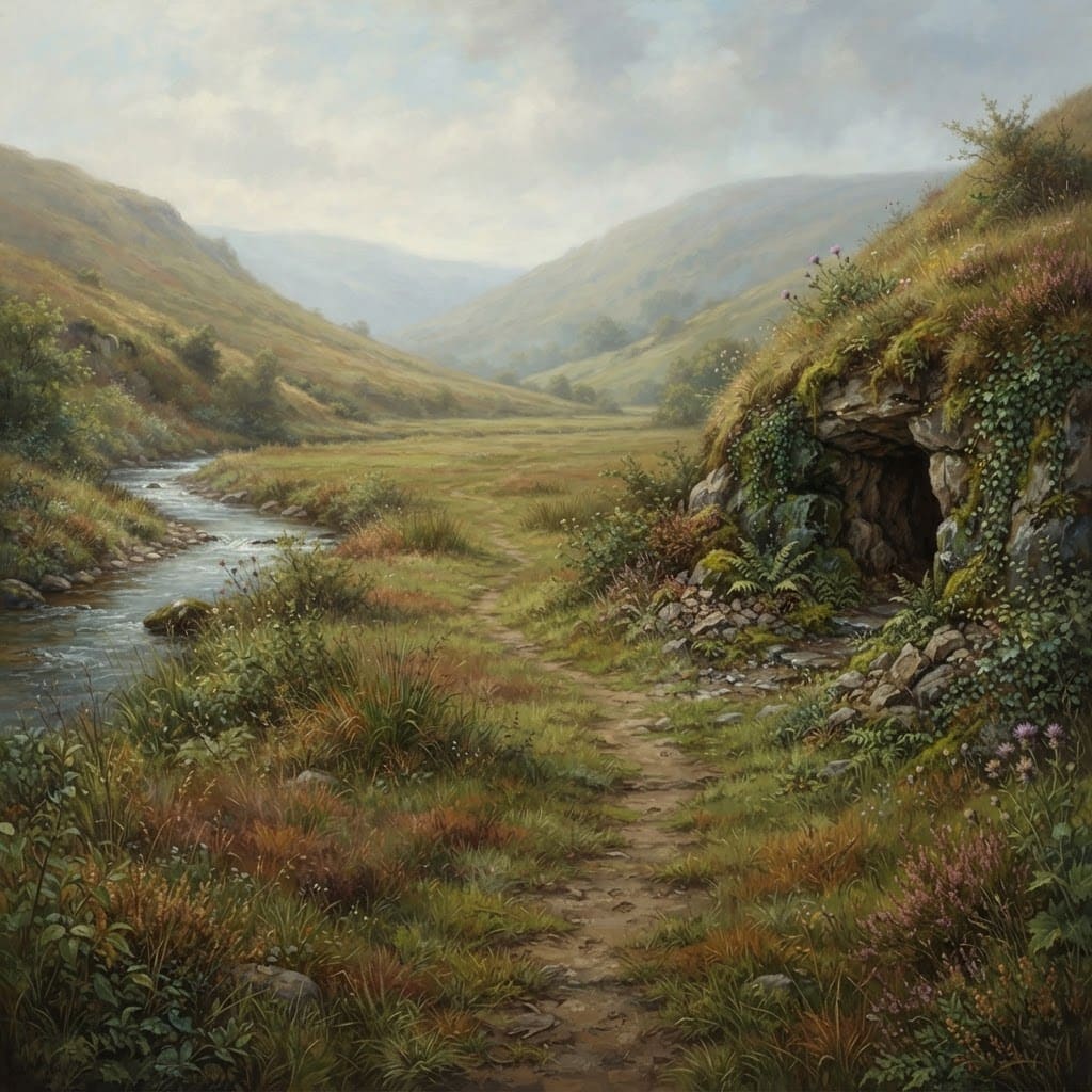 Image: Rolling grassy hills, gentle slopes rising at a di