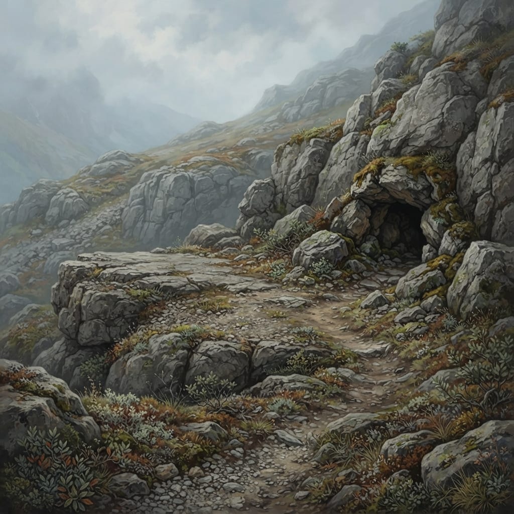 Image: Rocky mountain terrain, rugged grey stone outcrops