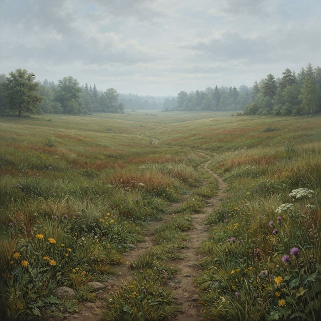 Image: A wide open grassy meadow, gentle rolling grasslan