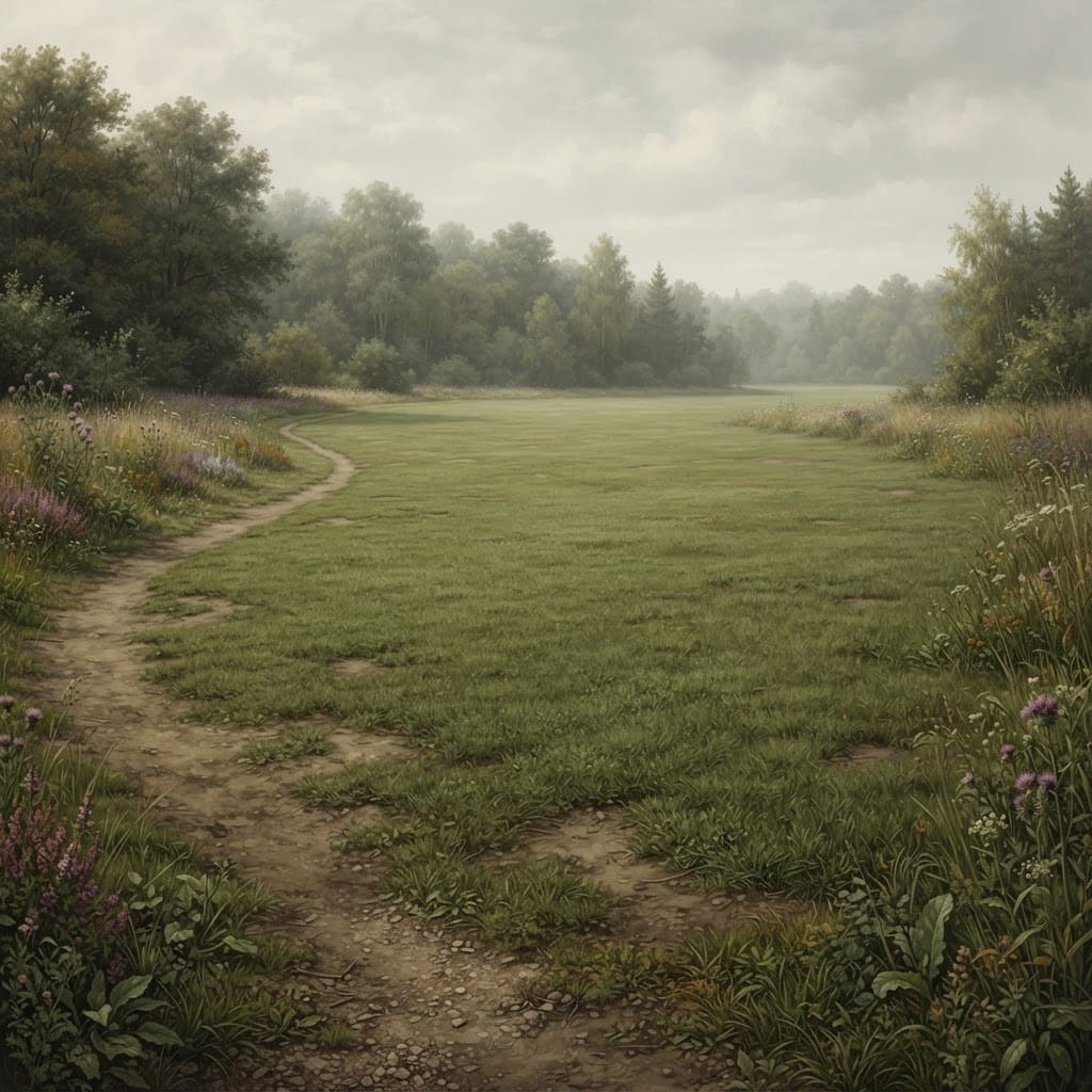 Image: A wide open grassy meadow, distant treeline framin