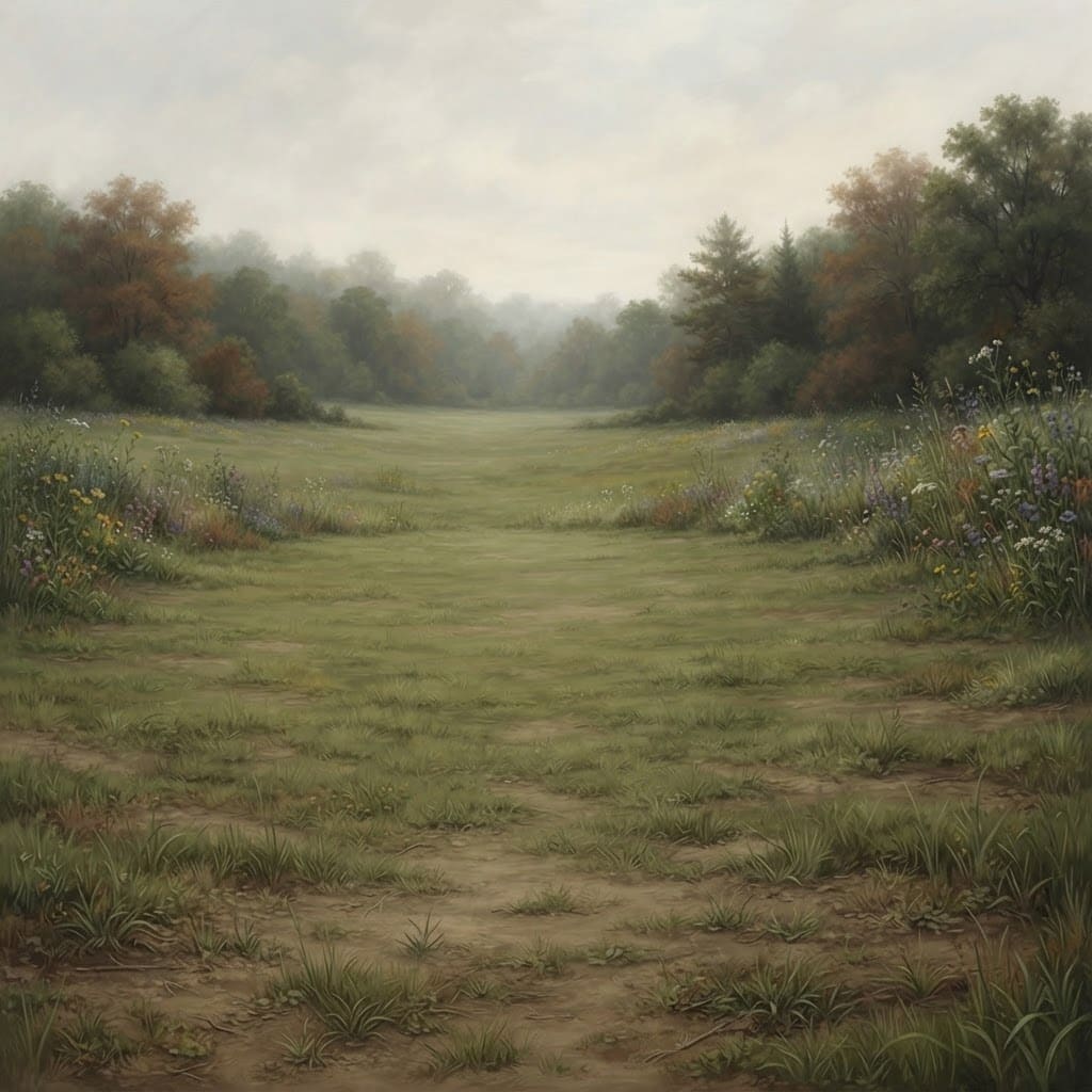 Image: A wide open grassy meadow, distant treeline framin