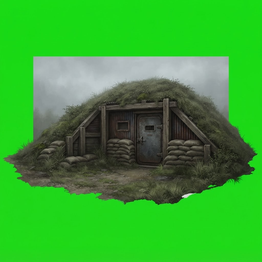 Image: A low, fortified survival bunker, partially built
