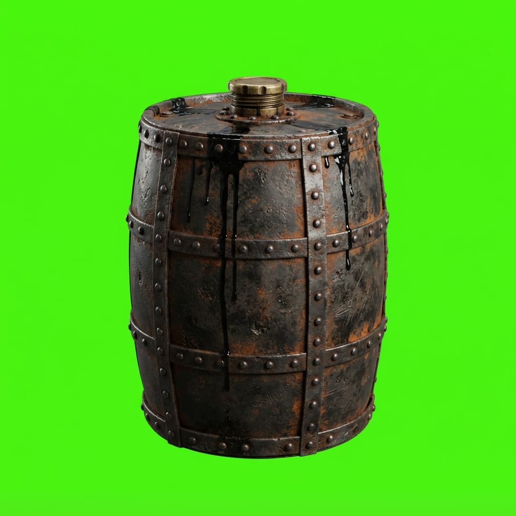 Image: Photoreal game prop sprite of a squat oil cask, is