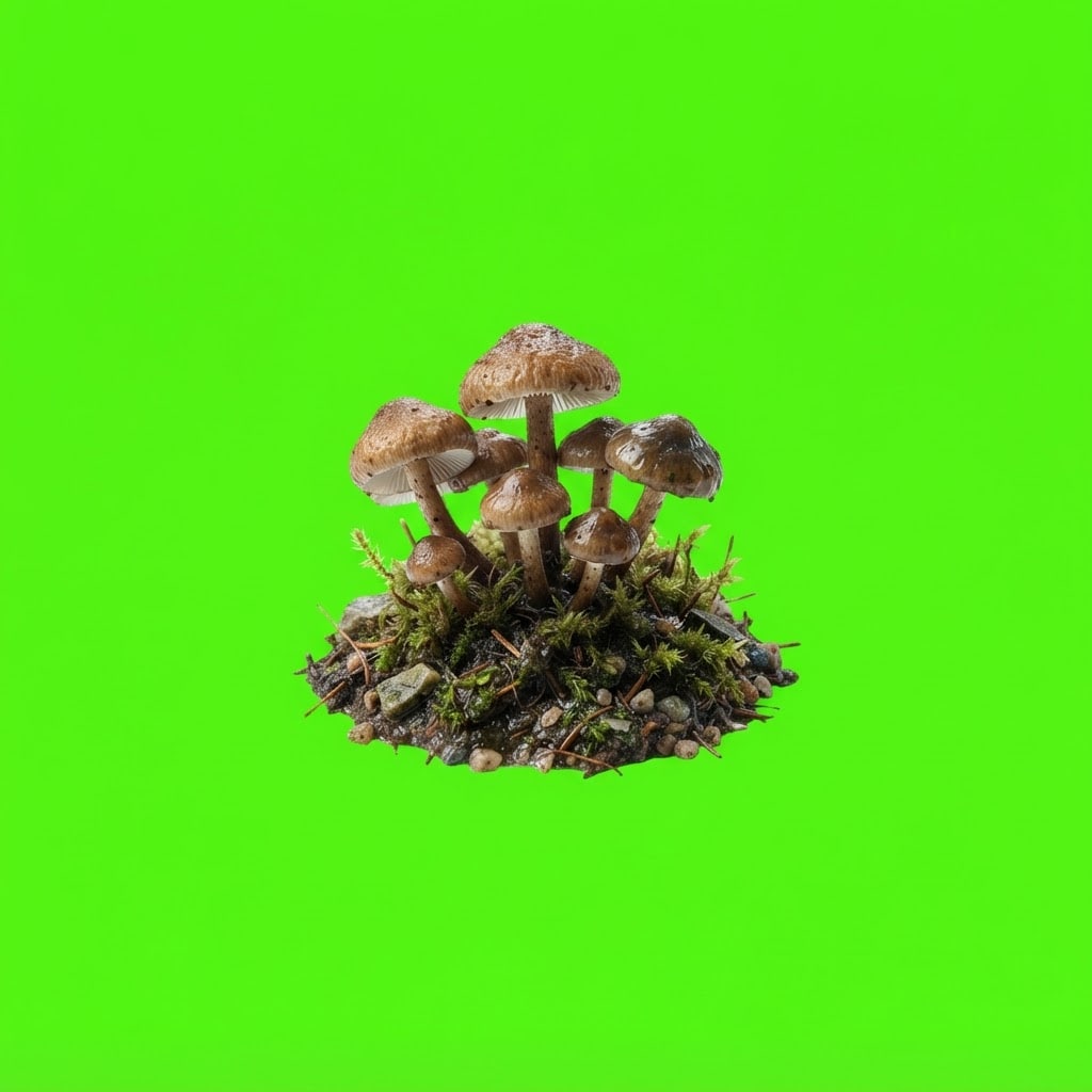 Image: Photoreal game prop sprite of a tiny brown mushroo