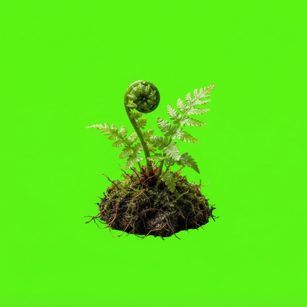 Image: Photoreal game prop sprite of a tiny young fern fr