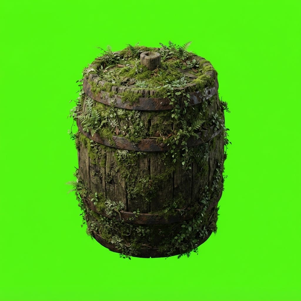 Image: Photoreal game prop sprite of a smashable moss-cov