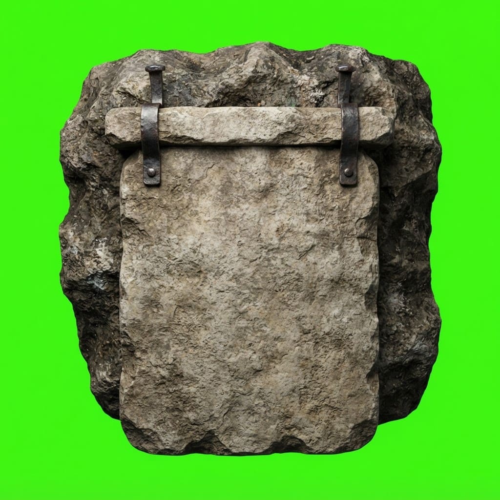 Image: Photoreal game prop sprite of a hanging stone plaq