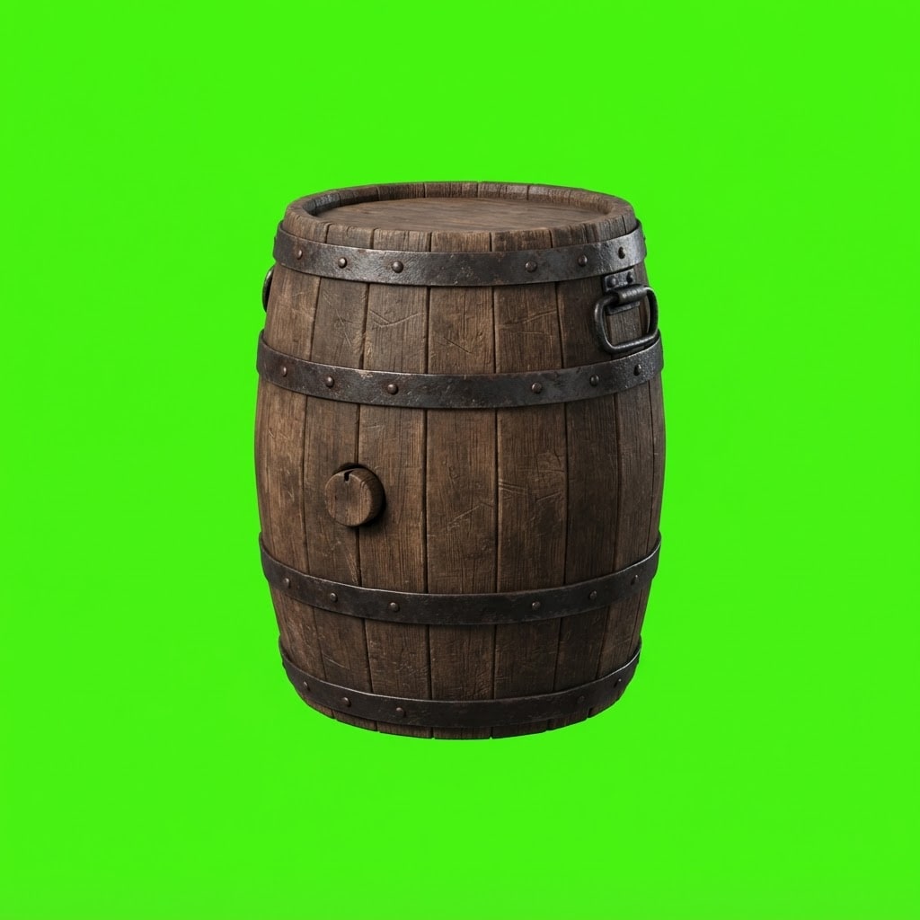 Image: Photoreal game prop sprite of a smashable oak barr