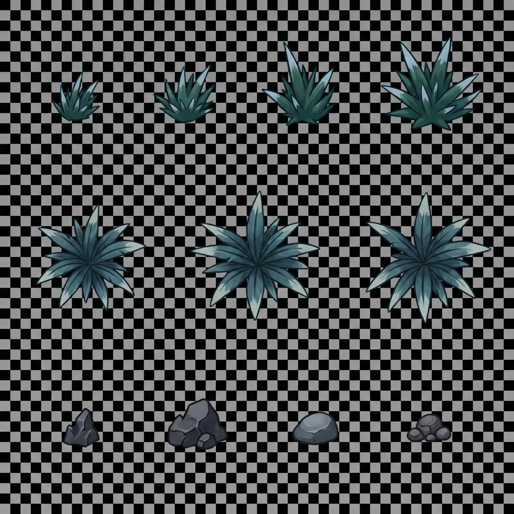 Image: Sprite sheet of sparse alien vegetation and small