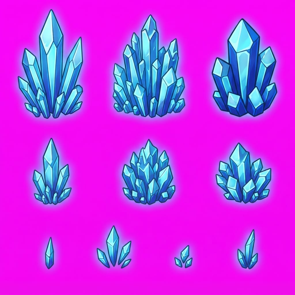 Image: Sprite sheet of glowing alien crystal formations f