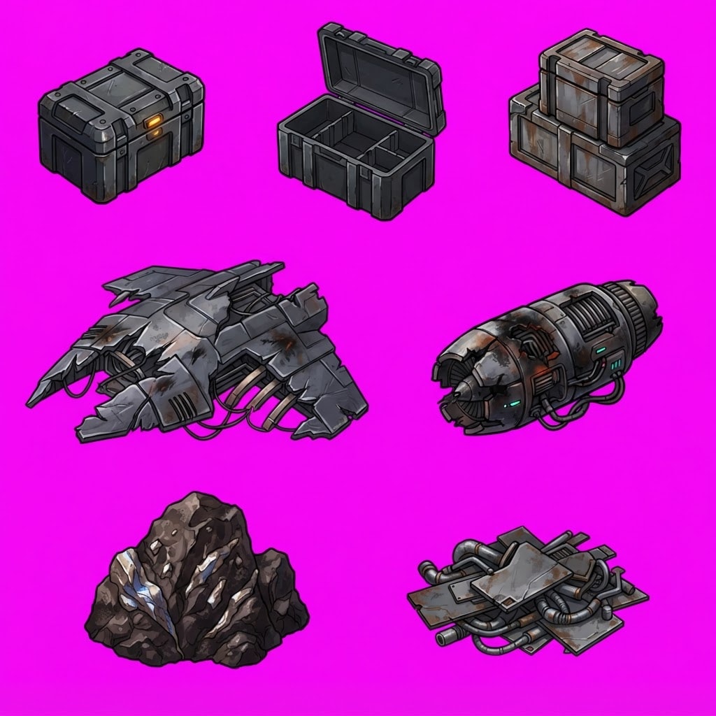 Image: Sprite sheet of sci-fi salvage and wreckage props