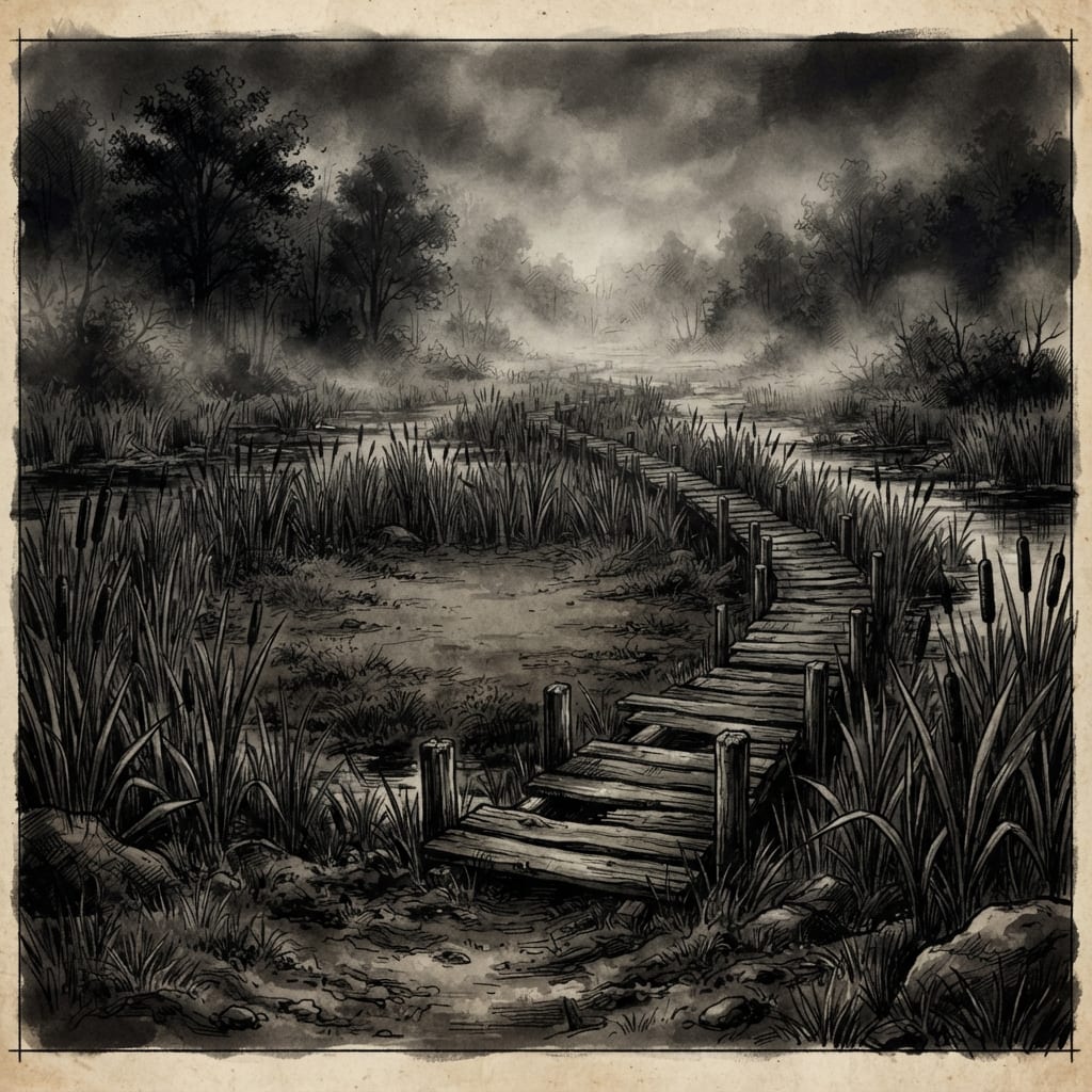 Image: Misty marsh wetland clearing, worn wooden boardwal