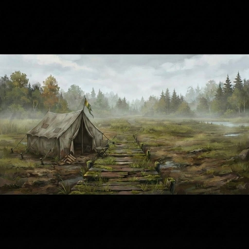 Image: Add one weathered canvas wall tent on the left sid