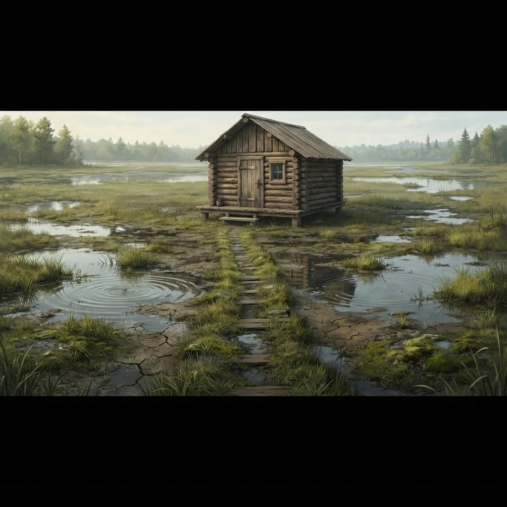 Image: Replace the log cabin in this image with a much sm