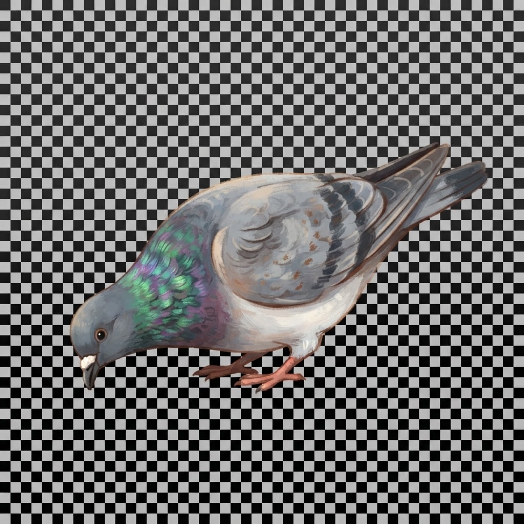 Image: A single grey pigeon bending down pecking at the g