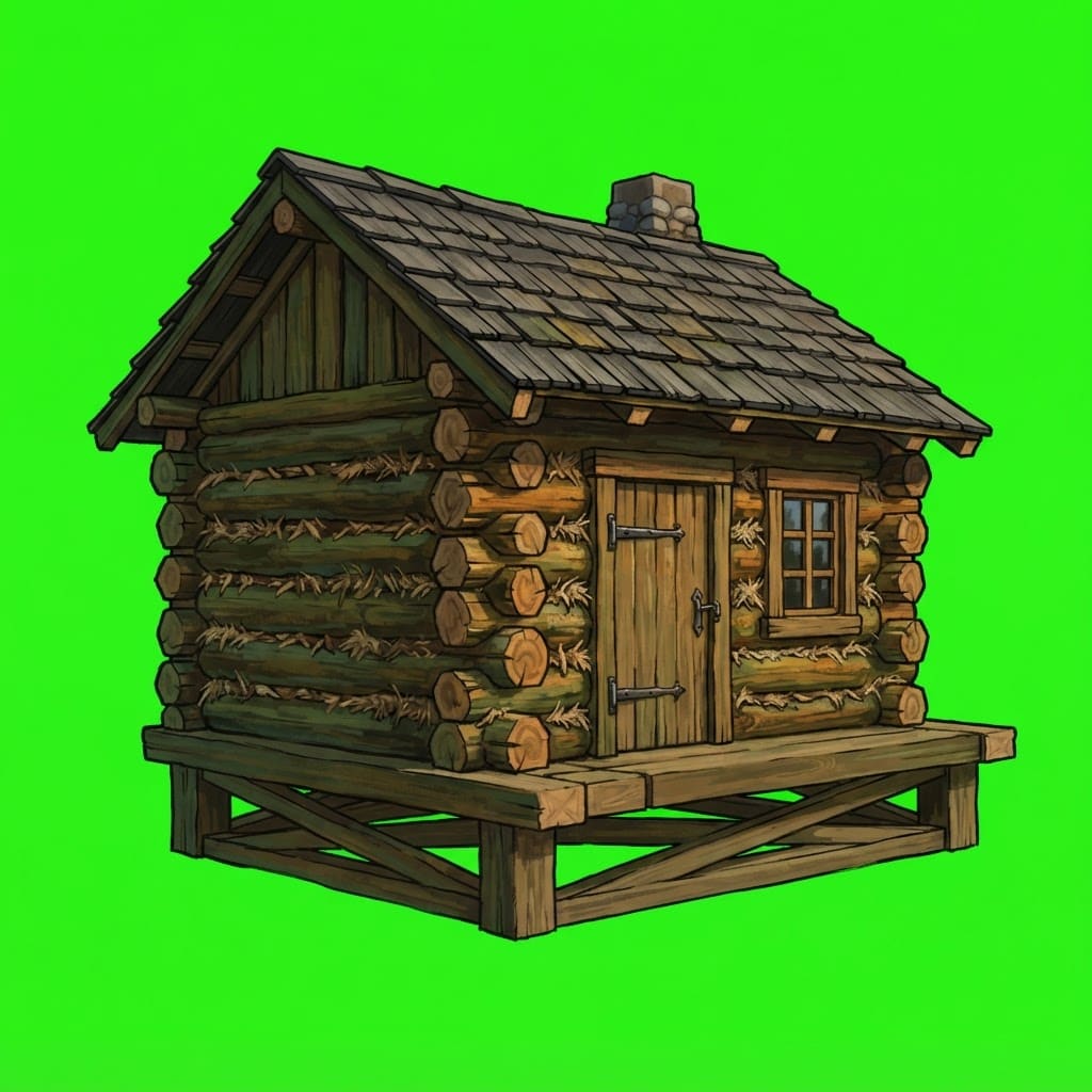 Image: A small, plain, home-made log cabin, simple and mo