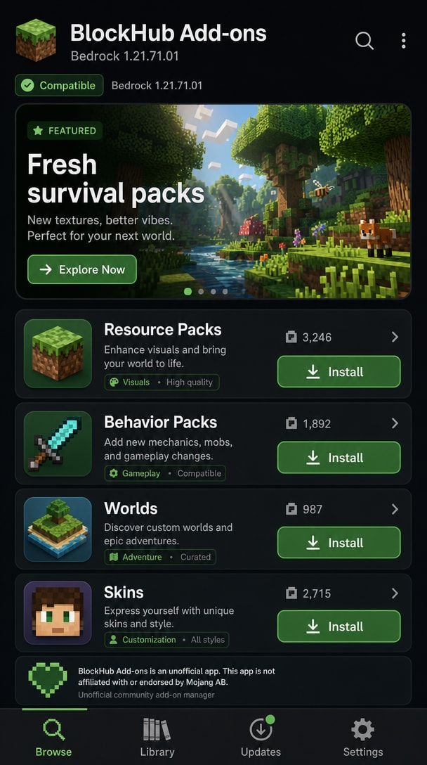 BlockHub Bedrock Add-on Manager UI