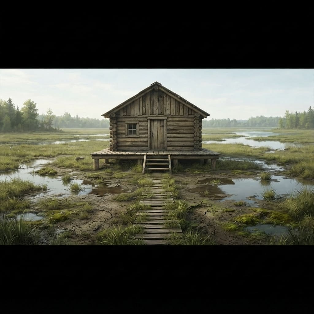 Image: Replace the log cabin in this image with a small,