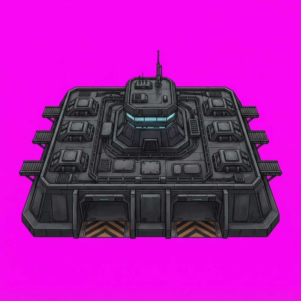 Image: Top-down elevated 2.5D game asset for a dark scien