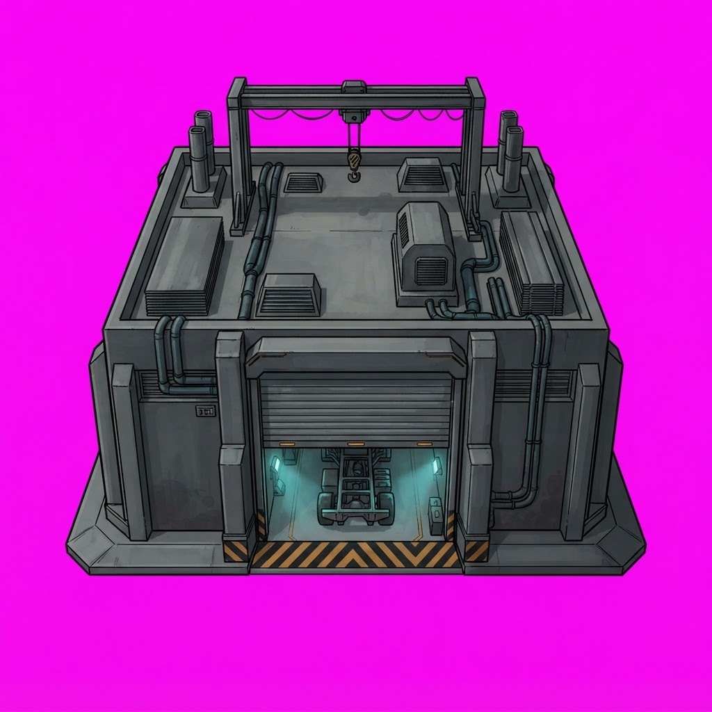 Image: Top-down elevated 2.5D game asset for a dark scien