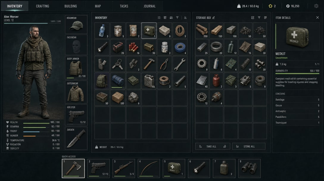 Modern Survival Inventory UI Mockup