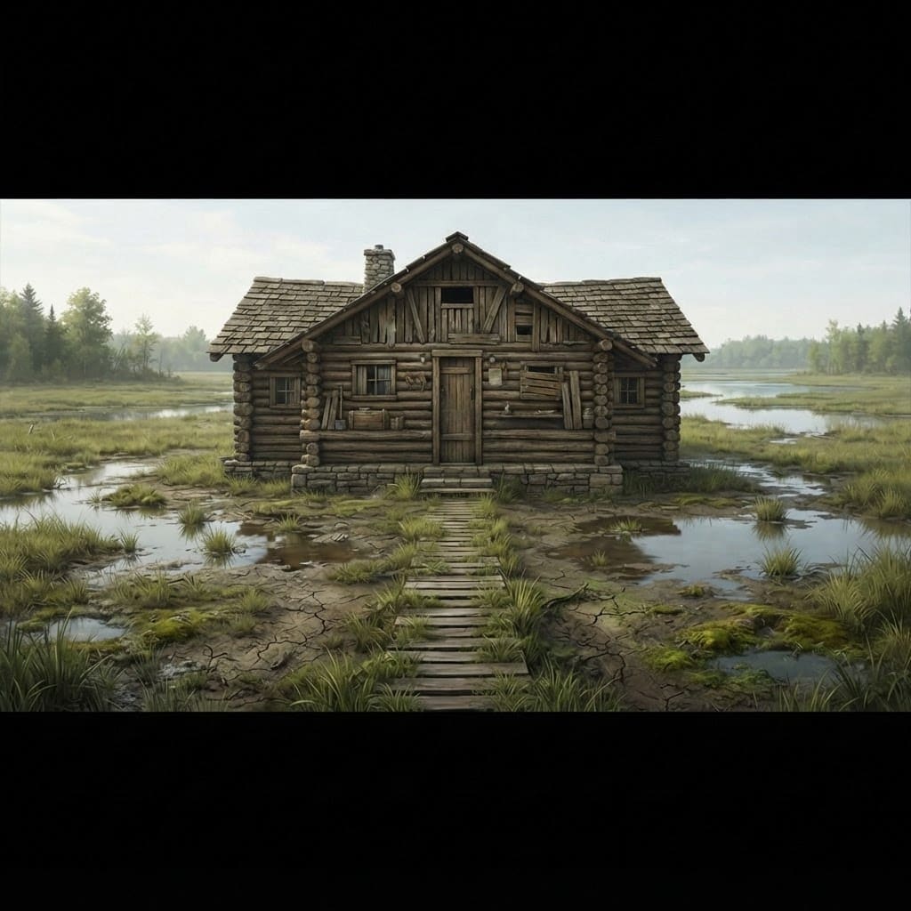 Image: Replace the log cabin in this image with a very si