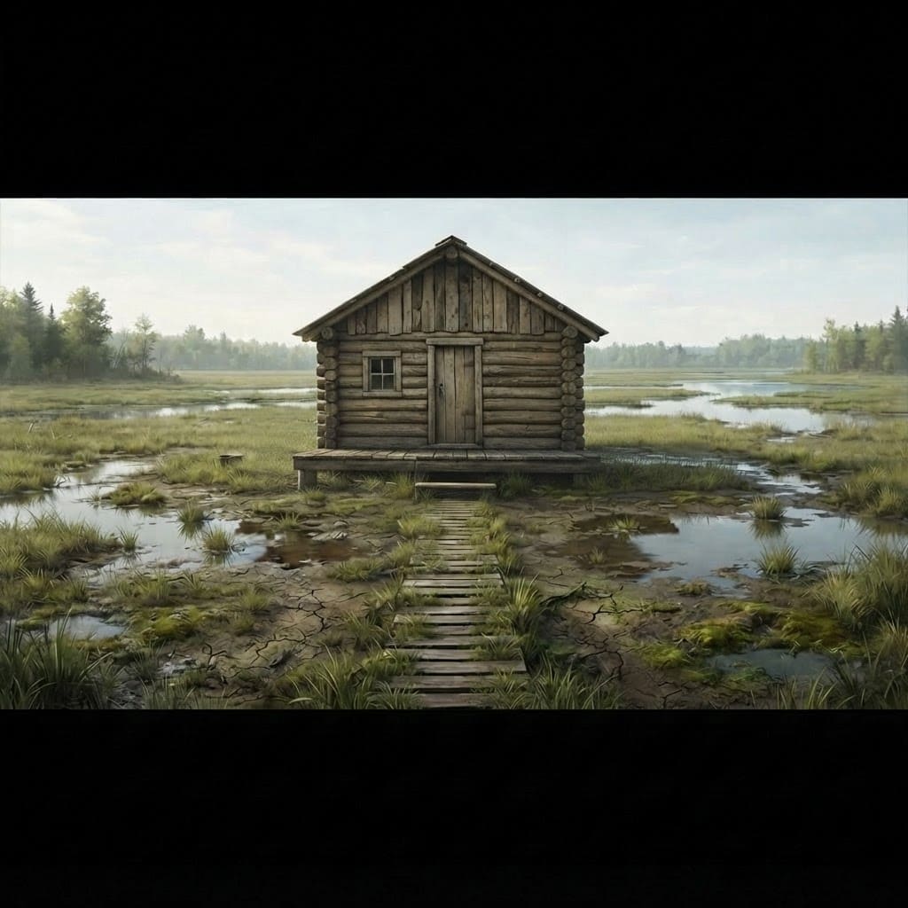 Image: Replace the log cabin in this image with a very si