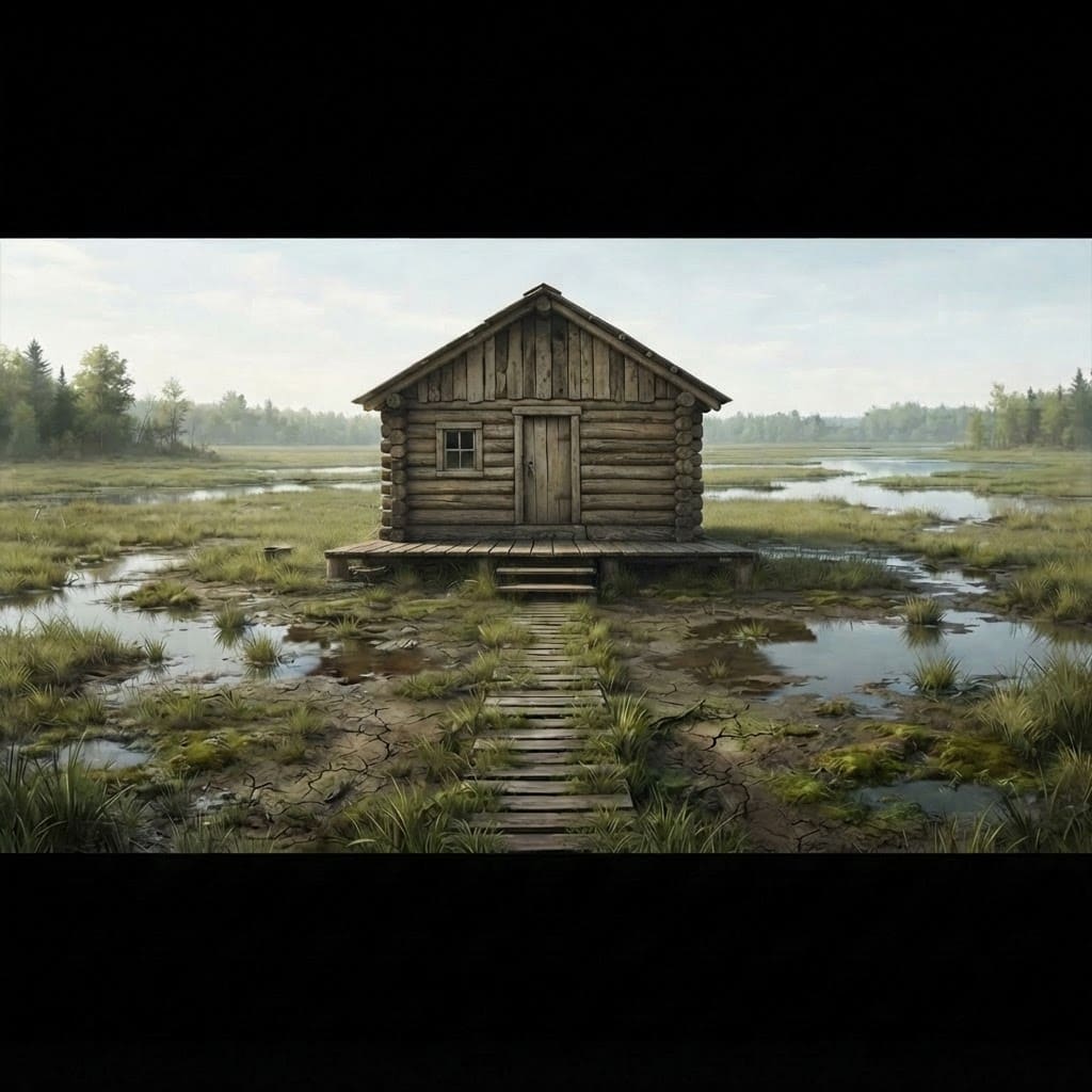 Image: Replace the log cabin in this image with a very si